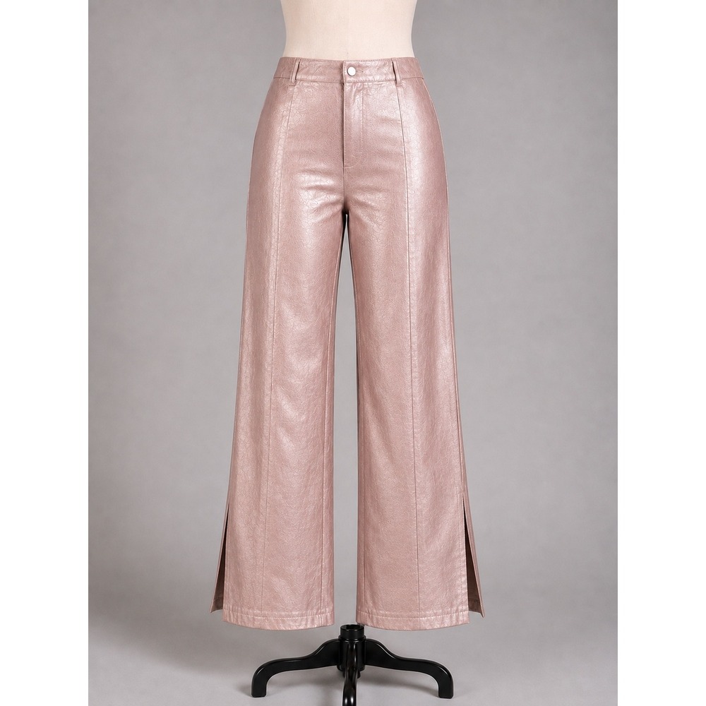 Forever 21 Metallic Pink Faux Leather Wide Leg Pants High Rise Slit Hem Large
